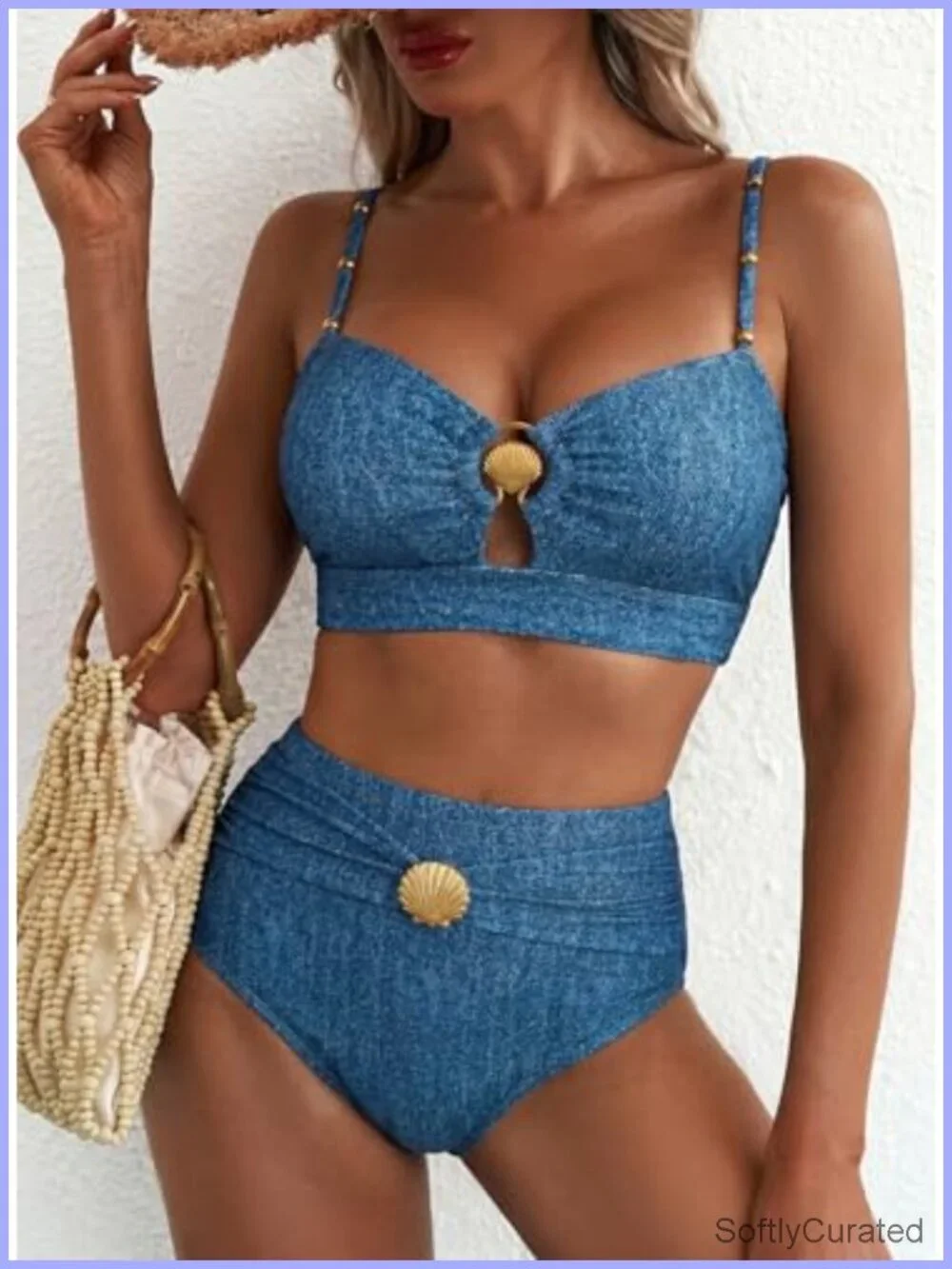2 Piece Bikini Set High Waisted Cutout Push Up Ruched Seashell Ring Swimsuit
